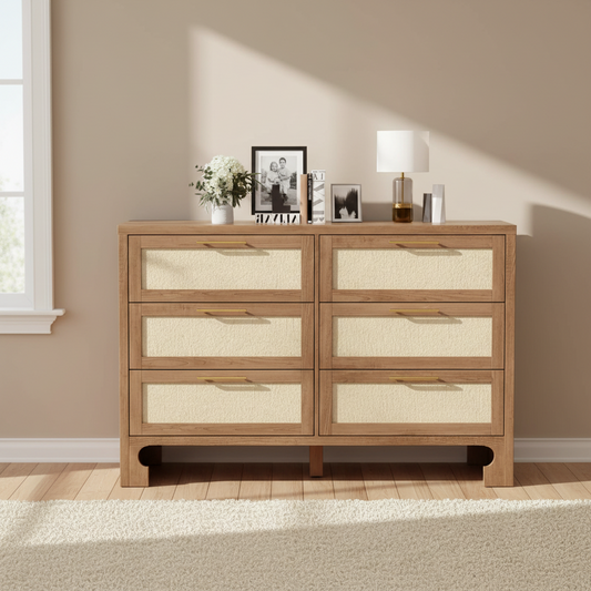Commode double à 6 tiroirs – Couleur caramel, style rustique, pour 1 à 2 utilisateurs