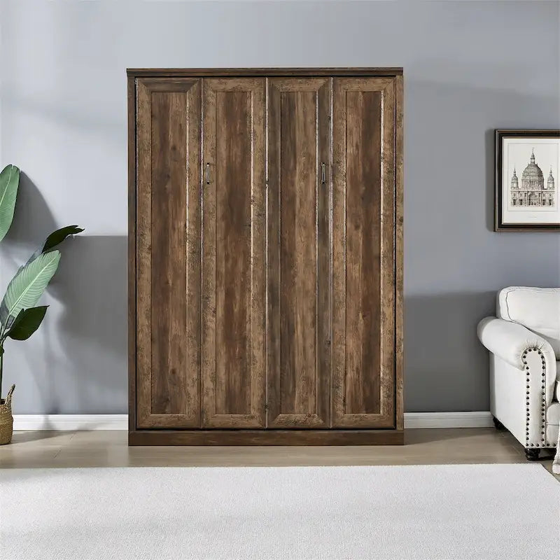 Lit escamotable mural avec armoire, Marron / Blanc rustique, Grand lit / Lit double, 2 couchages