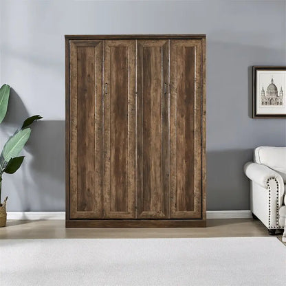 Lit escamotable mural avec armoire, Marron / Blanc rustique, Grand lit / Lit double, 2 couchages