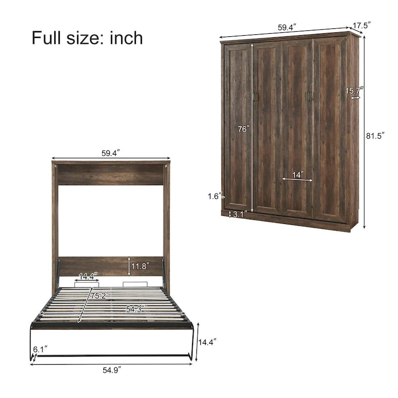 Lit escamotable mural avec armoire, Marron / Blanc rustique, Grand lit / Lit double, 2 couchages