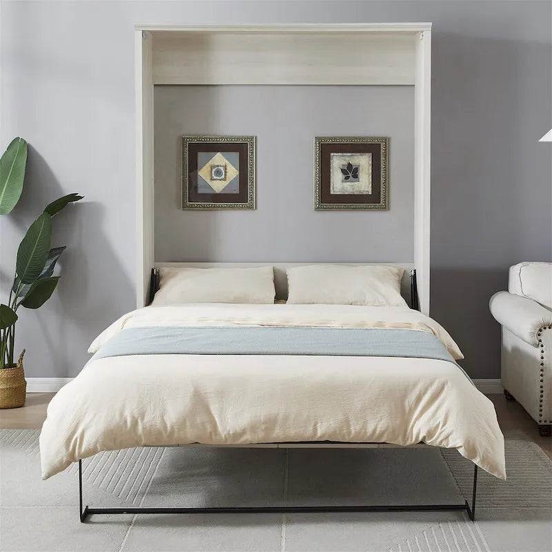 Lit escamotable mural avec armoire, Marron / Blanc rustique, Grand lit / Lit double, 2 couchages