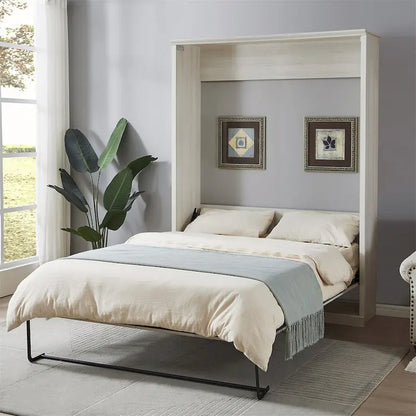 Lit escamotable mural avec armoire, Marron / Blanc rustique, Grand lit / Lit double, 2 couchages