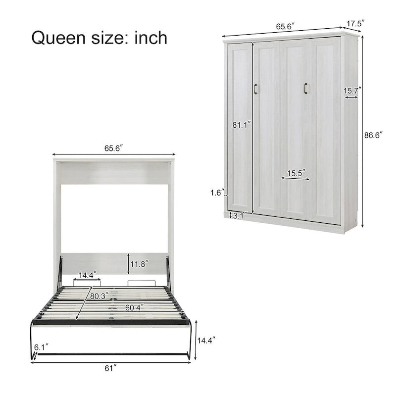 Lit escamotable mural avec armoire, Marron / Blanc rustique, Grand lit / Lit double, 2 couchages