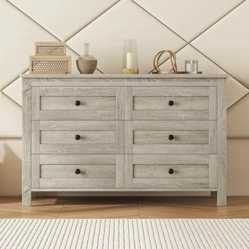 Commode 6 tiroirs en bois – Gris antique / Blanc, style ferme, assemblage par 1 personne