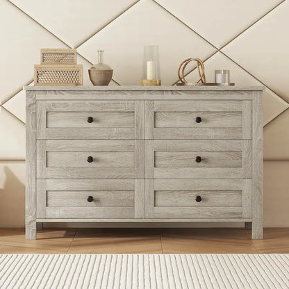 Commode 6 tiroirs en bois – Gris antique / Blanc, style ferme, assemblage par 1 personne