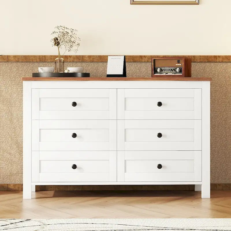Commode 6 tiroirs en bois – Gris antique / Blanc, style ferme, assemblage par 1 personne