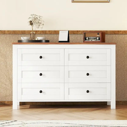 Commode 6 tiroirs en bois – Gris antique / Blanc, style ferme, assemblage par 1 personne