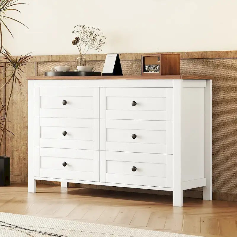 Commode 6 tiroirs en bois – Gris antique / Blanc, style ferme, assemblage par 1 personne