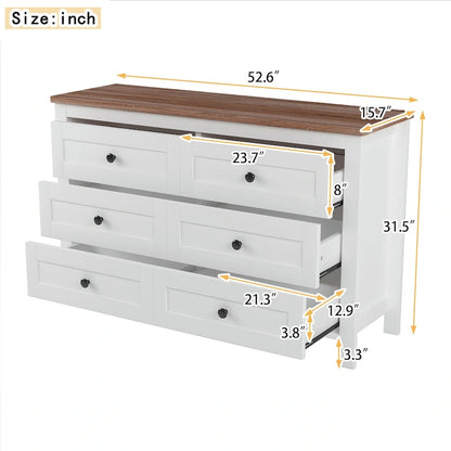 Commode 6 tiroirs en bois – Gris antique / Blanc, style ferme, assemblage par 1 personne