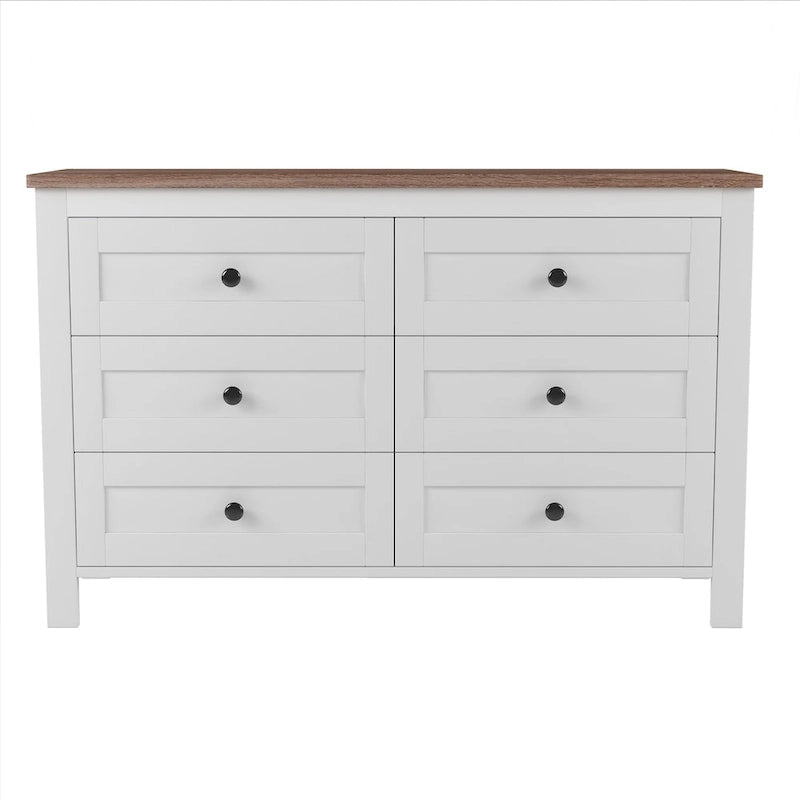 Commode 6 tiroirs en bois – Gris antique / Blanc, style ferme, assemblage par 1 personne