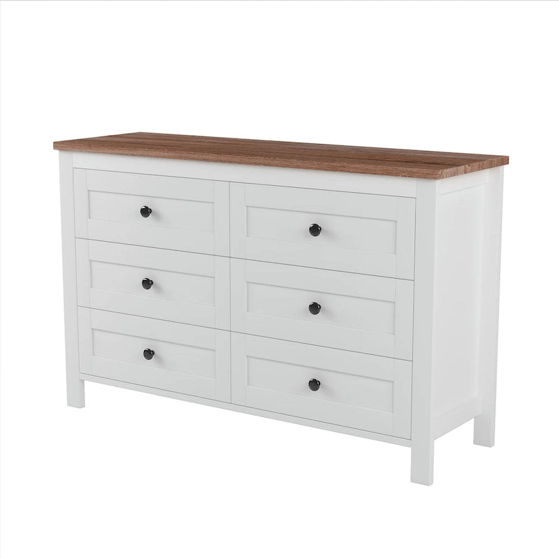 Commode 6 tiroirs en bois – Gris antique / Blanc, style ferme, assemblage par 1 personne