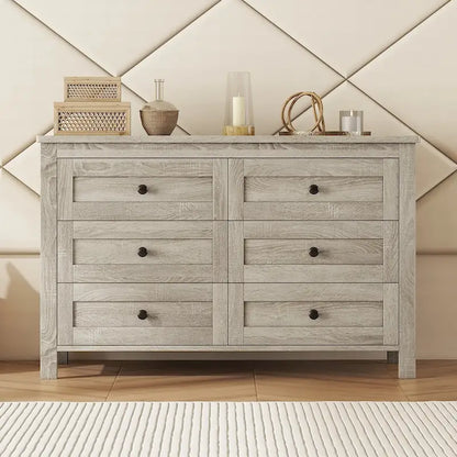 Commode 6 tiroirs en bois – Gris antique / Blanc, style ferme, assemblage par 1 personne