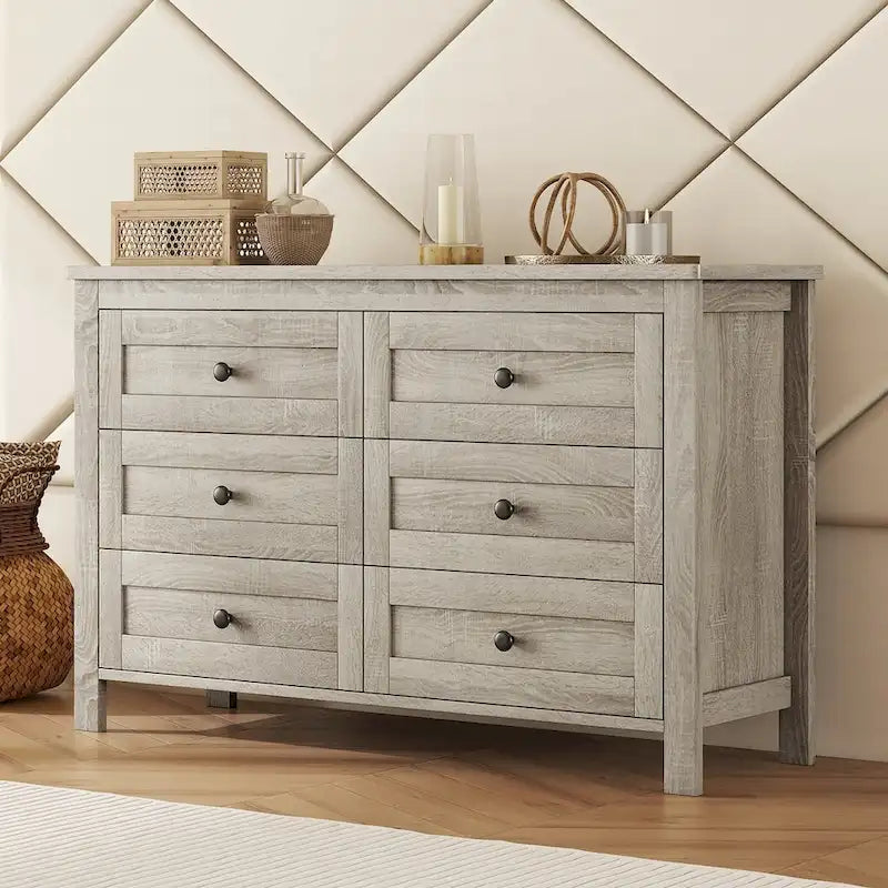 Commode 6 tiroirs en bois – Gris antique / Blanc, style ferme, assemblage par 1 personne