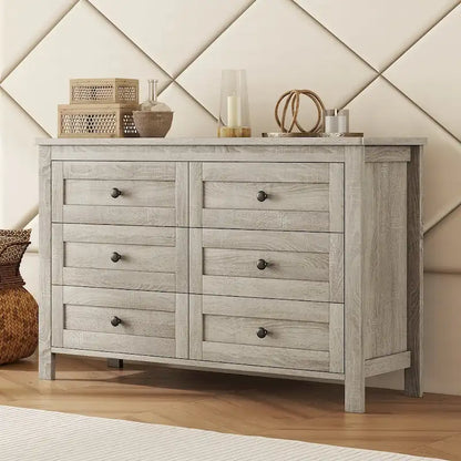 Commode 6 tiroirs en bois – Gris antique / Blanc, style ferme, assemblage par 1 personne