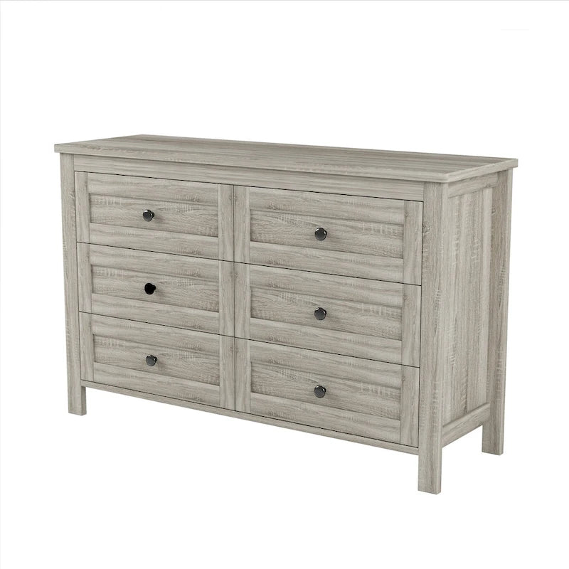 Commode 6 tiroirs en bois – Gris antique / Blanc, style ferme, assemblage par 1 personne