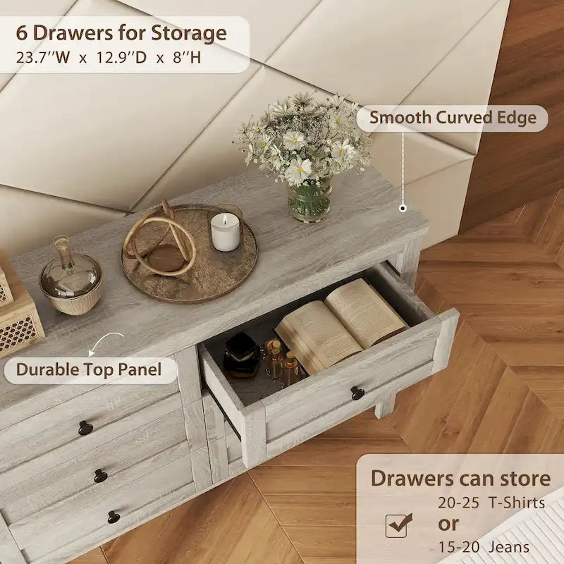Commode 6 tiroirs en bois – Gris antique / Blanc, style ferme, assemblage par 1 personne