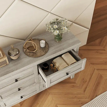 Commode 6 tiroirs en bois – Gris antique / Blanc, style ferme, assemblage par 1 personne