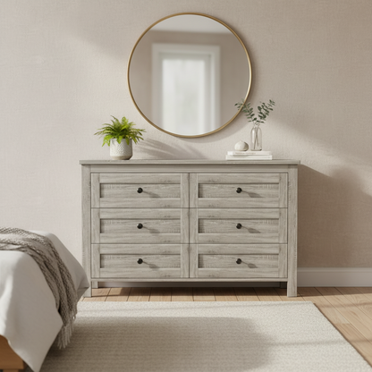 Commode 6 tiroirs en bois – Gris antique / Blanc, style ferme, assemblage par 1 personne