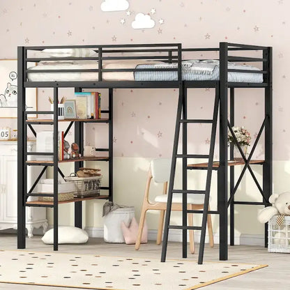 Lit mezzanine double en métal avec bureau et étagères – Noir, 1 personne