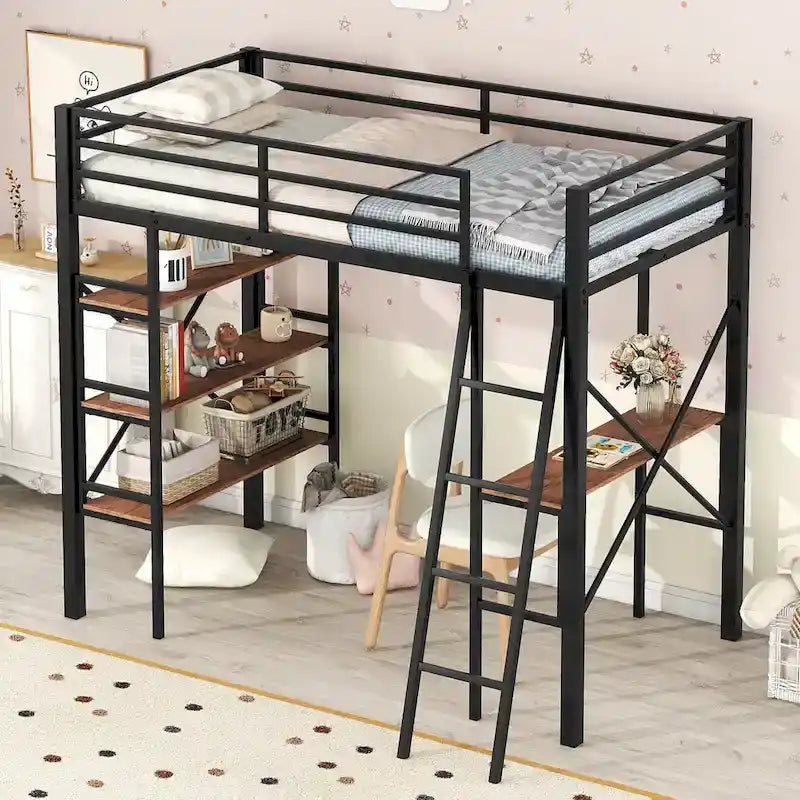 Lit mezzanine double en métal avec bureau et étagères – Noir, 1 personne
