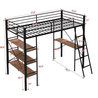Lit mezzanine double en métal avec bureau et étagères – Noir, 1 personne