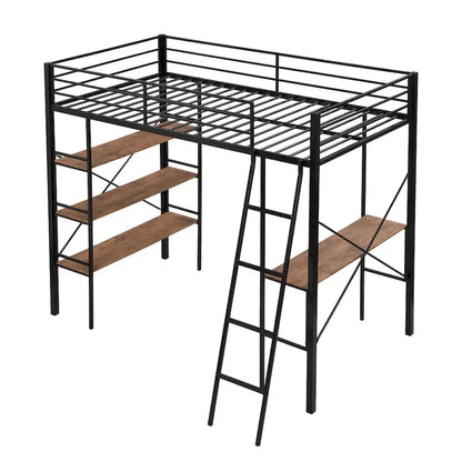 Lit mezzanine double en métal avec bureau et étagères – Noir, 1 personne