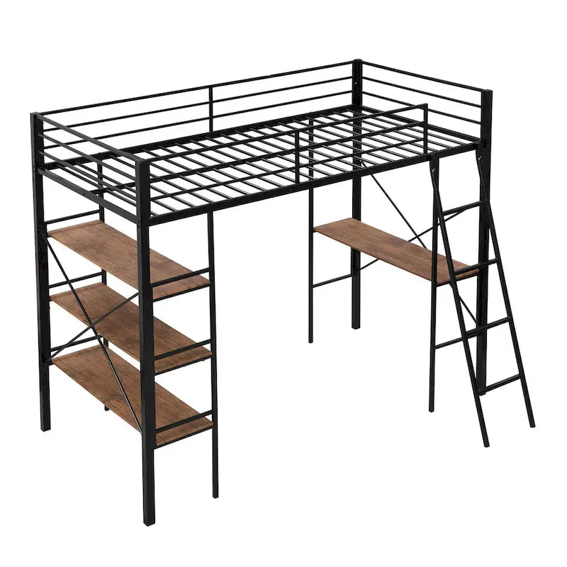 Lit mezzanine double en métal avec bureau et étagères – Noir, 1 personne