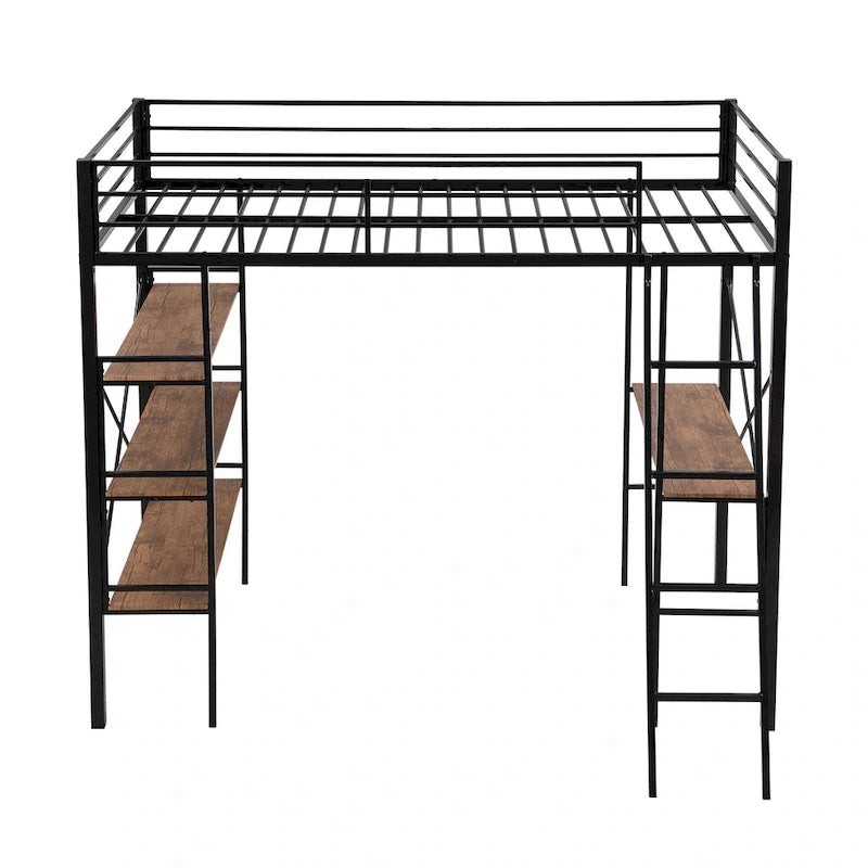 Lit mezzanine double en métal avec bureau et étagères – Noir, 1 personne