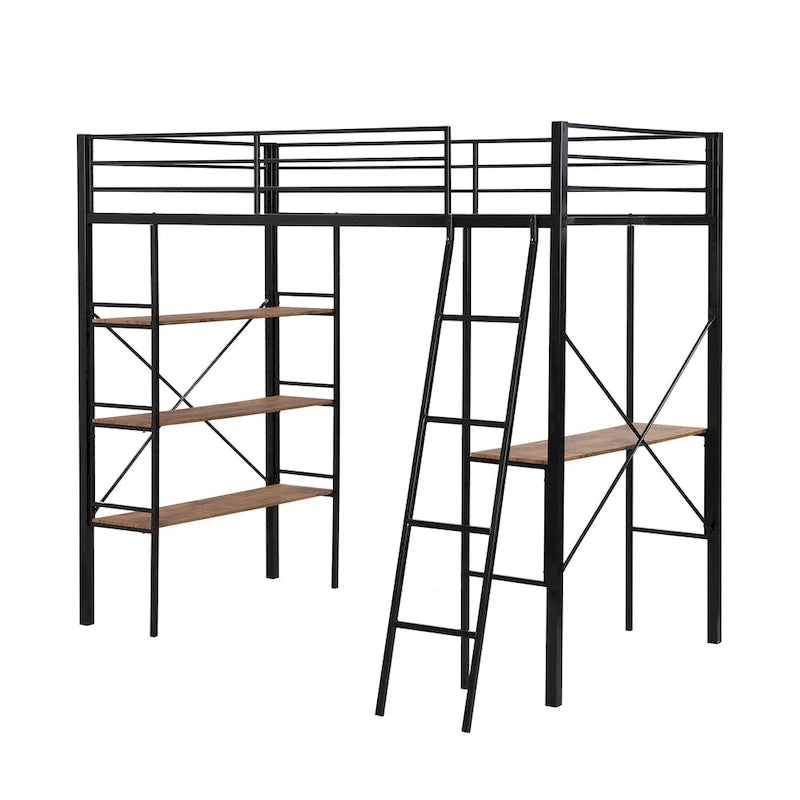 Lit mezzanine double en métal avec bureau et étagères – Noir, 1 personne