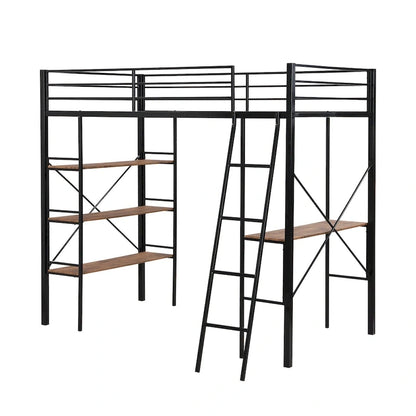 Lit mezzanine double en métal avec bureau et étagères – Noir, 1 personne