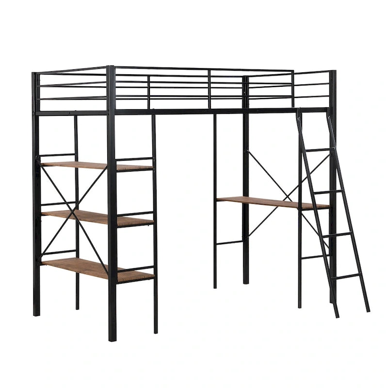 Lit mezzanine double en métal avec bureau et étagères – Noir, 1 personne
