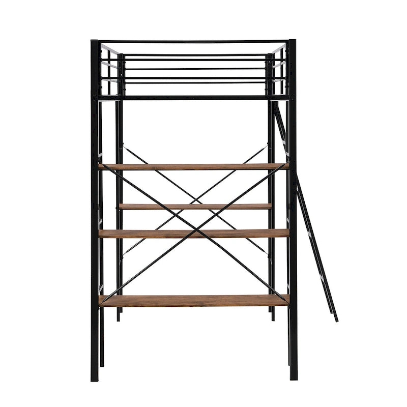 Lit mezzanine double en métal avec bureau et étagères – Noir, 1 personne