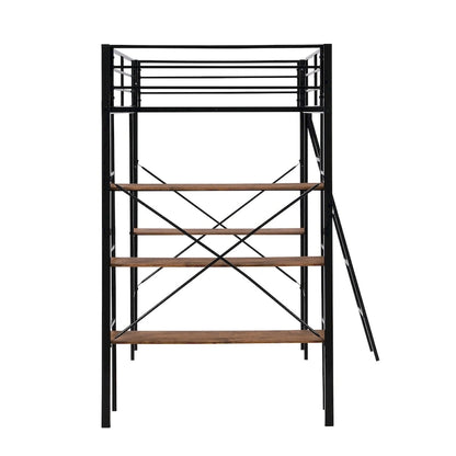Lit mezzanine double en métal avec bureau et étagères – Noir, 1 personne