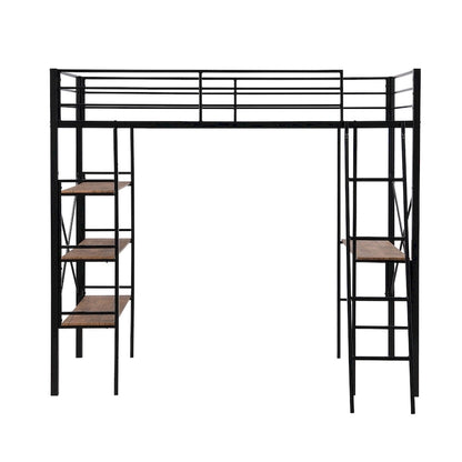 Lit mezzanine double en métal avec bureau et étagères – Noir, 1 personne