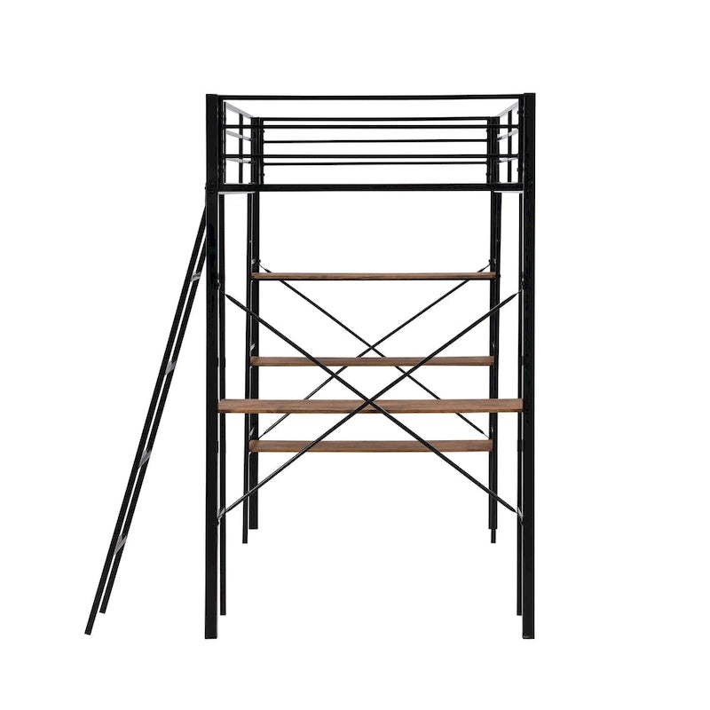 Lit mezzanine double en métal avec bureau et étagères – Noir, 1 personne