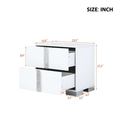 Table de chevet effet miroir avec 2 tiroirs | Gris et blanc | Pieds en métal | Usage unique