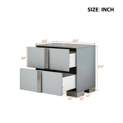 Table de chevet effet miroir avec 2 tiroirs | Gris et blanc | Pieds en métal | Usage unique
