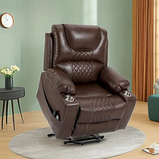 Fauteuil inclinable releveur électrique avec massage et chauffage – Marron, cuir PU, 1 place