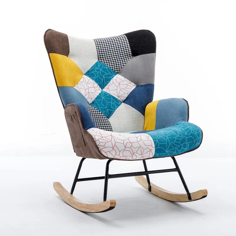 Fauteuil à bascule tapissé patchwork – Multicolore / Vert / Rose / Bleu antique – Siège unique