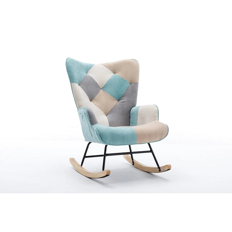 Fauteuil à bascule tapissé patchwork – Multicolore / Vert / Rose / Bleu antique – Siège unique