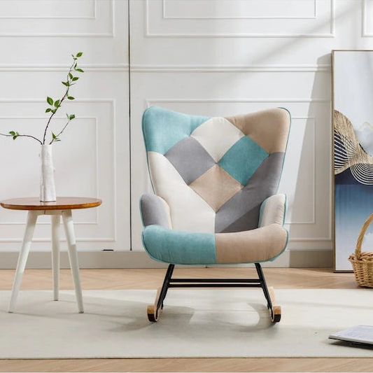 Fauteuil à bascule tapissé patchwork – Multicolore / Vert / Rose / Bleu antique – Siège unique