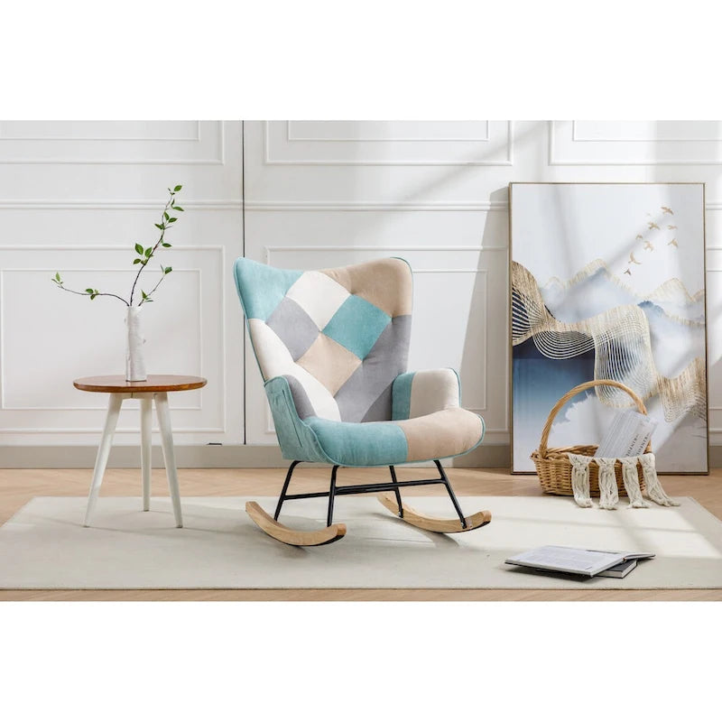Fauteuil à bascule tapissé patchwork – Multicolore / Vert / Rose / Bleu antique – Siège unique