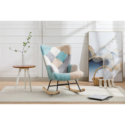 Fauteuil à bascule tapissé patchwork – Multicolore / Vert / Rose / Bleu antique – Siège unique