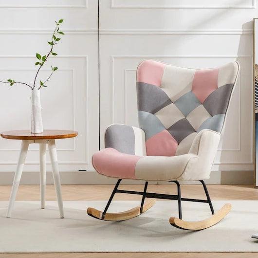 Fauteuil à bascule tapissé patchwork – Multicolore / Vert / Rose / Bleu antique – Siège unique