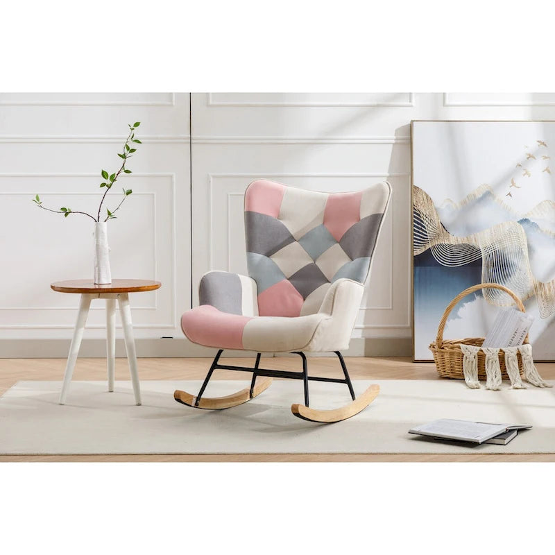 Fauteuil à bascule tapissé patchwork – Multicolore / Vert / Rose / Bleu antique – Siège unique