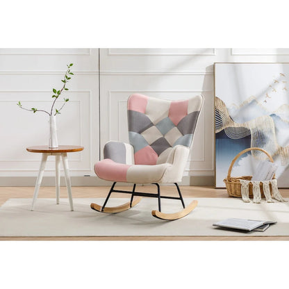 Fauteuil à bascule tapissé patchwork – Multicolore / Vert / Rose / Bleu antique – Siège unique