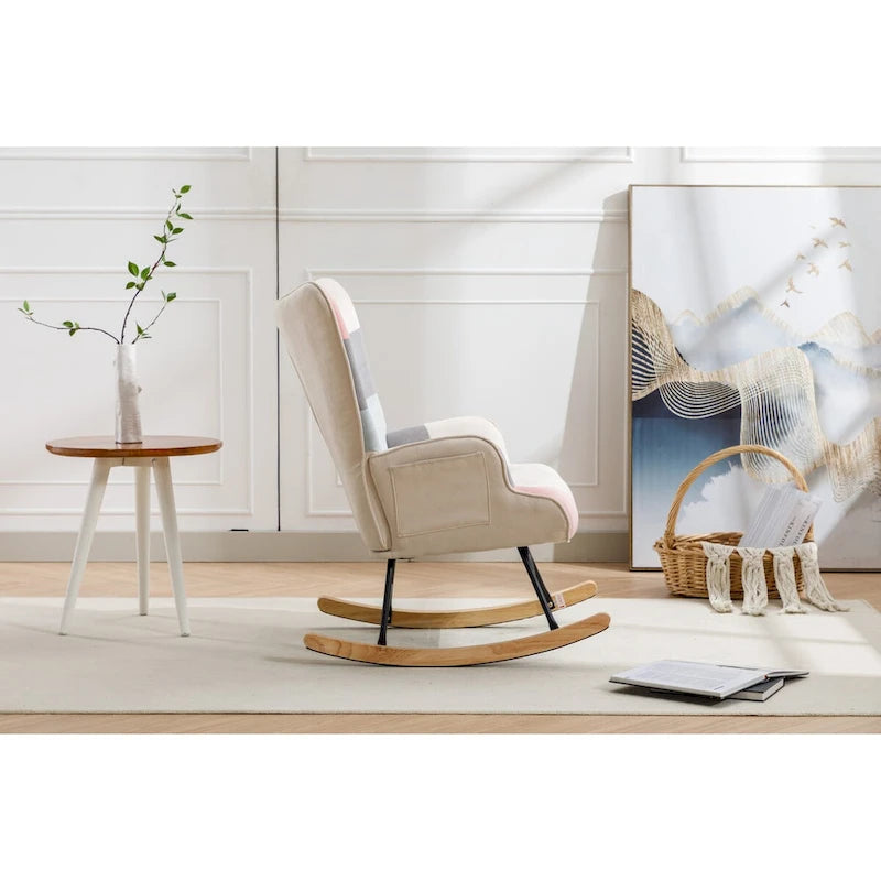 Fauteuil à bascule tapissé patchwork – Multicolore / Vert / Rose / Bleu antique – Siège unique
