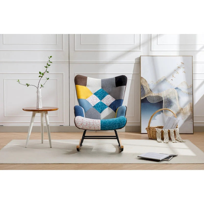 Fauteuil à bascule tapissé patchwork – Multicolore / Vert / Rose / Bleu antique – Siège unique