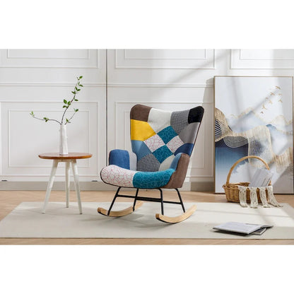 Fauteuil à bascule tapissé patchwork – Multicolore / Vert / Rose / Bleu antique – Siège unique