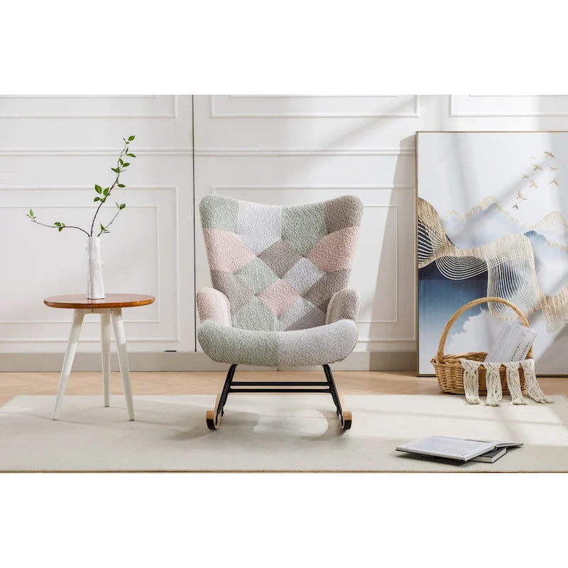 Fauteuil à bascule tapissé patchwork – Multicolore / Vert / Rose / Bleu antique – Siège unique